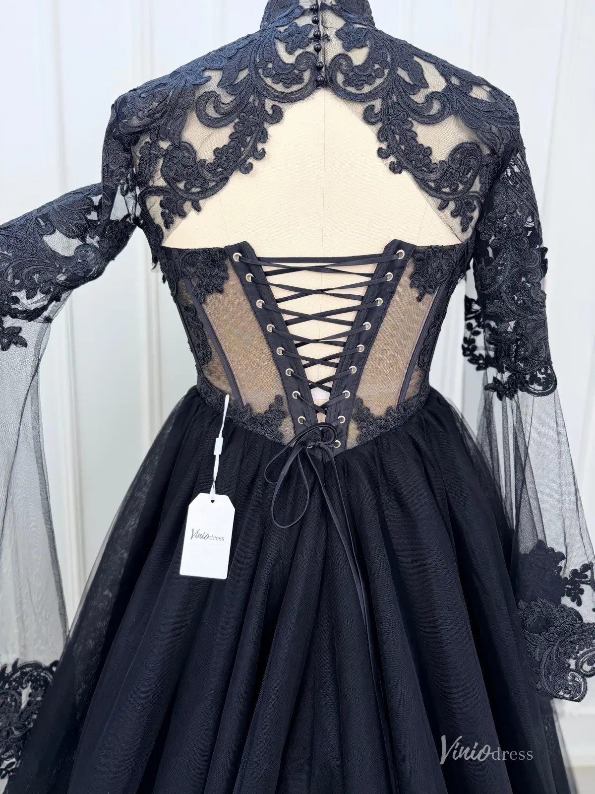 2-in-1 Gothic Black Wedding Dress | Tulle Ball Gown with Detachable Bell Sleeves BK108-wedding dresses 2026-Viniodress-Black-Custom Size – Add Measurements in Cart-