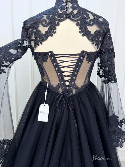 2-in-1 Gothic Black Wedding Dress | Tulle Ball Gown with Detachable Bell Sleeves BK108-wedding dresses 2026-Viniodress-Black-Custom Size – Add Measurements in Cart-