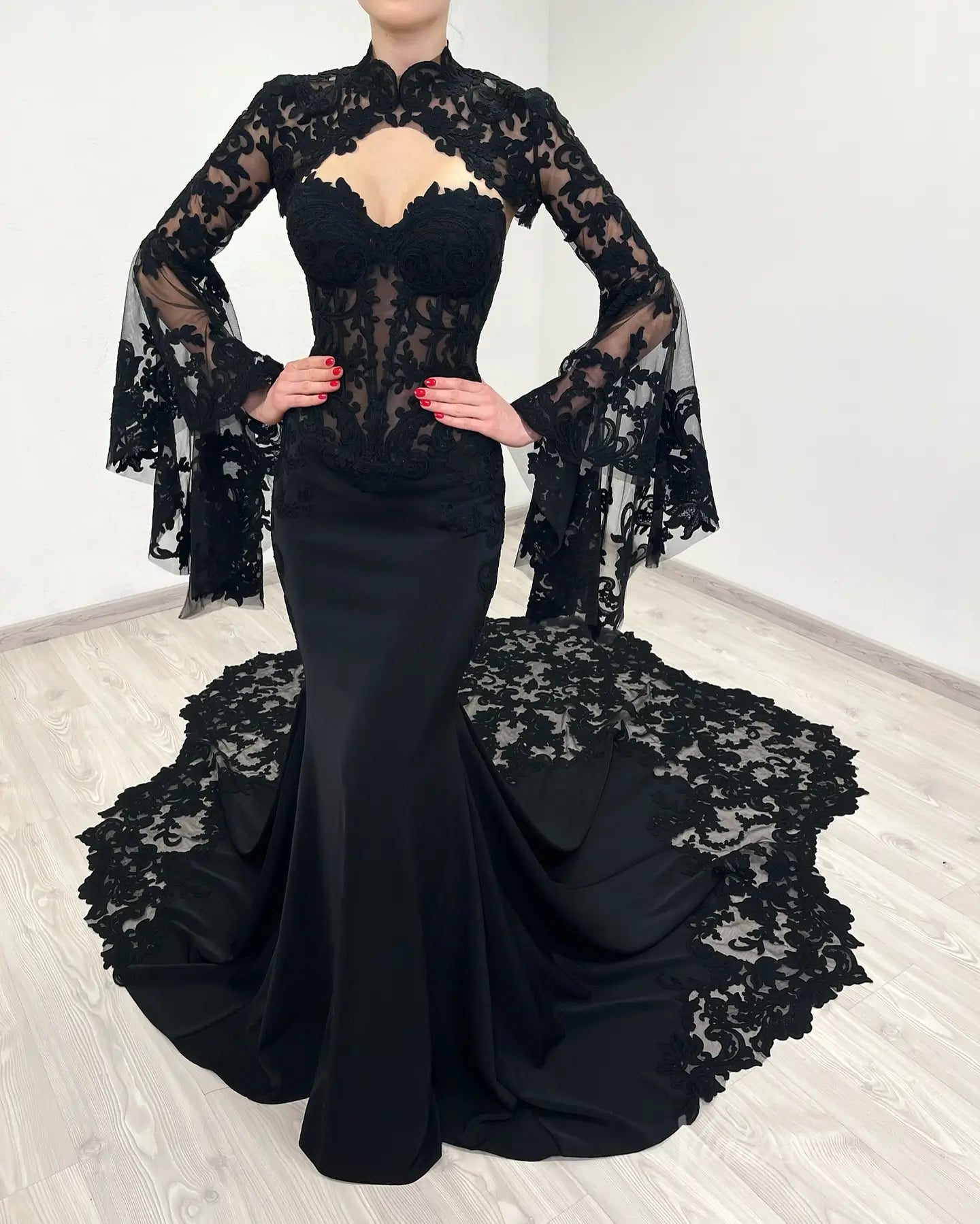 2-in-1 Gothic Black Wedding Dress | Mermaid or Tulle Ball Gown with Detachable Bell Sleeves BK108-wedding dresses 2025 -Viniodress-Gown-Black-Custom Size