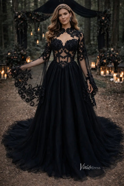 2-in-1 Gothic Black Wedding Dress | Tulle Ball Gown with Detachable Bell Sleeves BK108-wedding dresses 2026-Viniodress-Black-Custom Size – Add Measurements in Cart-