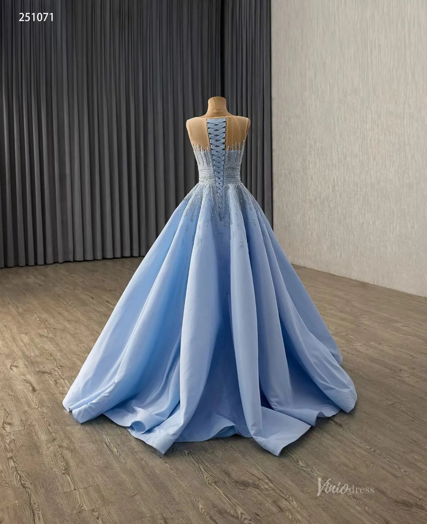 2-in-1 Light Blue Satin Wedding Ball Gown | Beaded Bodice, Illusion Ne Viniodress 2-in-1 Light Blue Satin Wedding Ball Gown | Beaded Bodice, Illusion Ne Viniodress