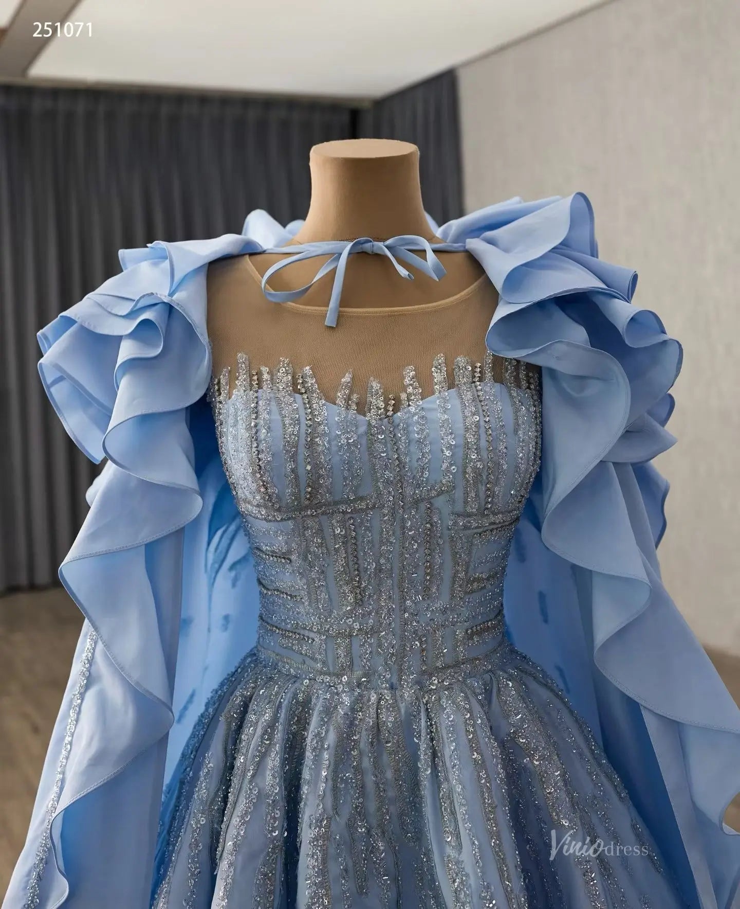 2-in-1 Light Blue Satin Wedding Ball Gown | Beaded Bodice, Illusion Ne Viniodress 2-in-1 Light Blue Satin Wedding Ball Gown | Beaded Bodice, Illusion Ne Viniodress