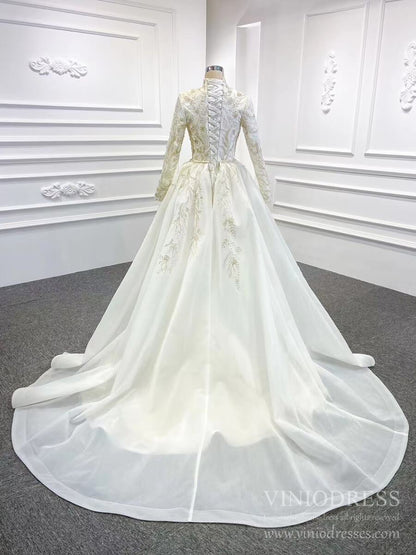 2 in 1 Mermaid Wedding Dresses with Long Sleeve High Neck Detachable Skirt 67156-wedding dresses 2025 -Viniodress-Ivory-Custom Size-