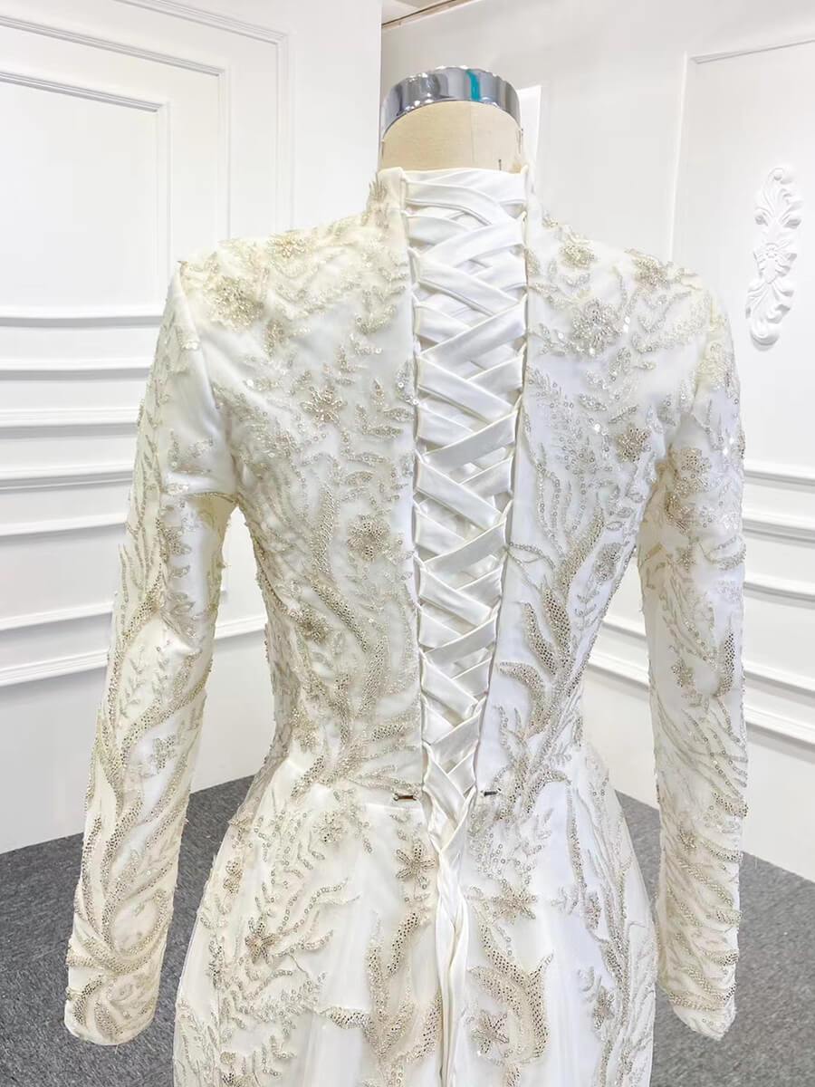 2 in 1 Mermaid Wedding Dresses with Long Sleeve High Neck Detachable Skirt 67156-wedding dresses 2025 -Viniodress-Ivory-Custom Size-