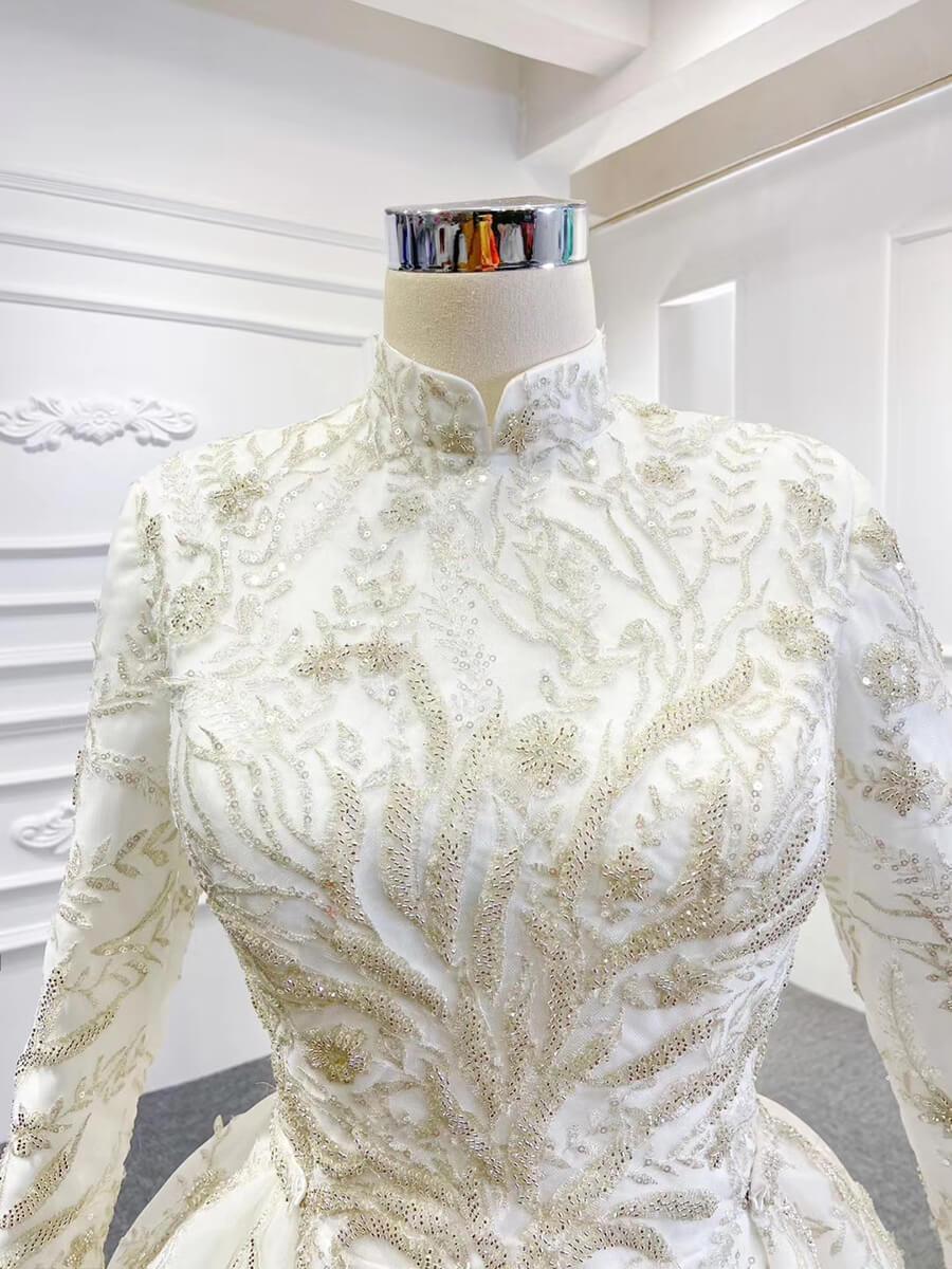 2 in 1 Mermaid Wedding Dresses with Long Sleeve High Neck Detachable Skirt 67156-wedding dresses 2025 -Viniodress-Ivory-Custom Size-