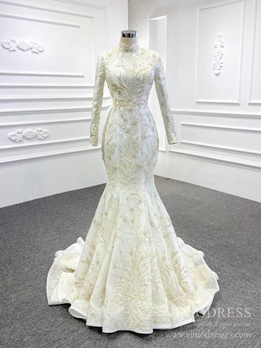 2 in 1 Mermaid Wedding Dresses with Long Sleeve High Neck Detachable Skirt 67156-wedding dresses 2025 -Viniodress-Ivory-Custom Size-