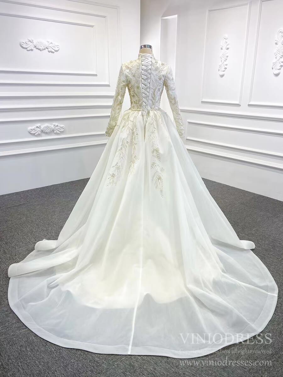 2 in 1 Mermaid Wedding Dresses with Long Sleeve High Neck Detachable Skirt 67156-wedding dresses 2025 -Viniodress-Ivory-Custom Size-