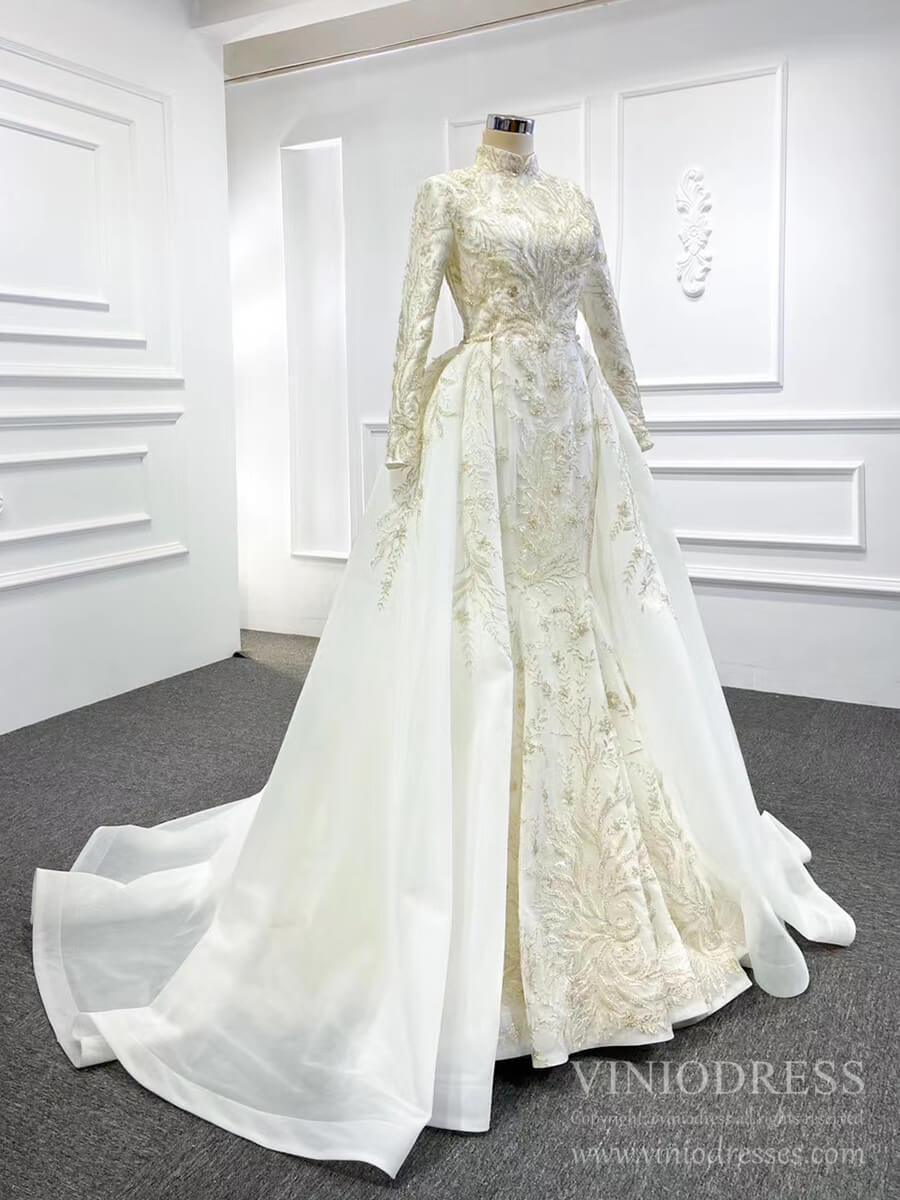 2 in 1 Mermaid Wedding Dresses with Long Sleeve High Neck Detachable Skirt 67156-wedding dresses 2025 -Viniodress-Ivory-Custom Size-