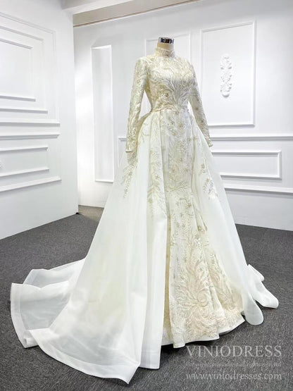 2 in 1 Mermaid Wedding Dresses with Long Sleeve High Neck Detachable Skirt 67156-wedding dresses 2025 -Viniodress-Ivory-Custom Size-