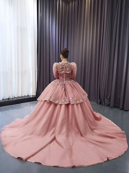 2-in-1 Pink Floral Ball Gown Wedding Dress | Strapless Quinceañera Gown with Detachable Caplet 251101-Quinceanera Dresses 2026-Viniodress-Pink-Custom Size-