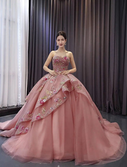 2-in-1 Pink Floral Ball Gown Wedding Dress | Strapless Quinceañera Gown with Detachable Caplet 251101-Quinceanera Dresses 2026-Viniodress-Pink-Custom Size-