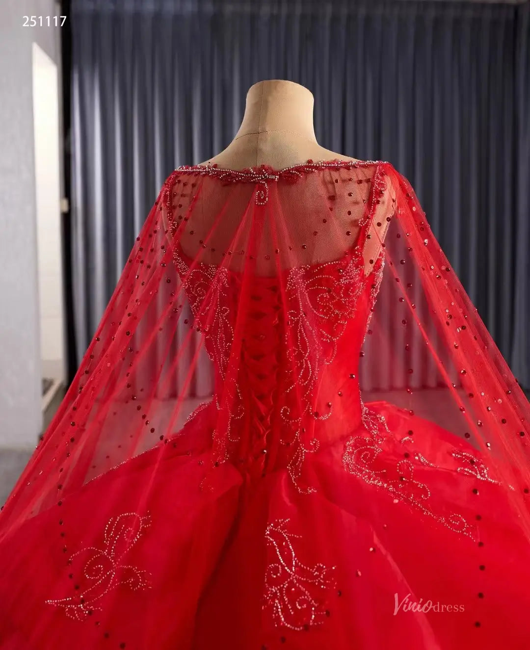 2-in-1 Red Layered Quinceañera Dress with Beaded Cape & Basque Waist | Sweet 16 Ball Gown 251117-Quinceanera Dresses 2026-Viniodress-Red-Custom Size-
