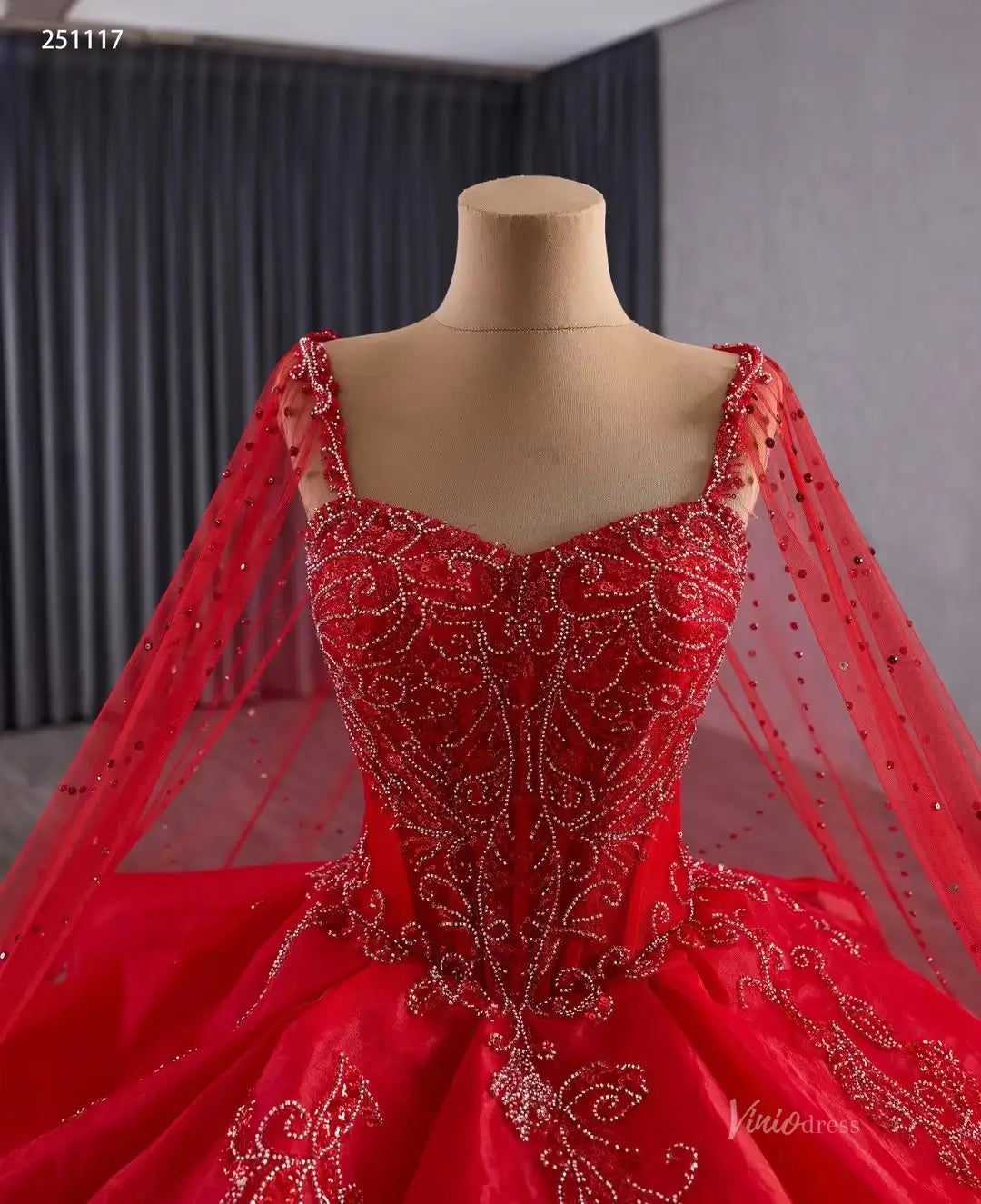 2-in-1 Red Layered Quinceañera Dress with Beaded Cape & Basque Waist | Sweet 16 Ball Gown 251117-Quinceanera Dresses 2026-Viniodress-Red-Custom Size-