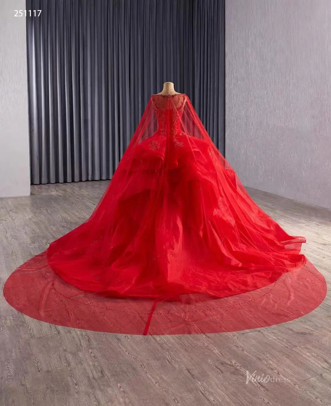 2-in-1 Red Layered Quinceañera Dress with Beaded Cape & Basque Waist | Sweet 16 Ball Gown 251117-Quinceanera Dresses 2026-Viniodress-Red-Custom Size-