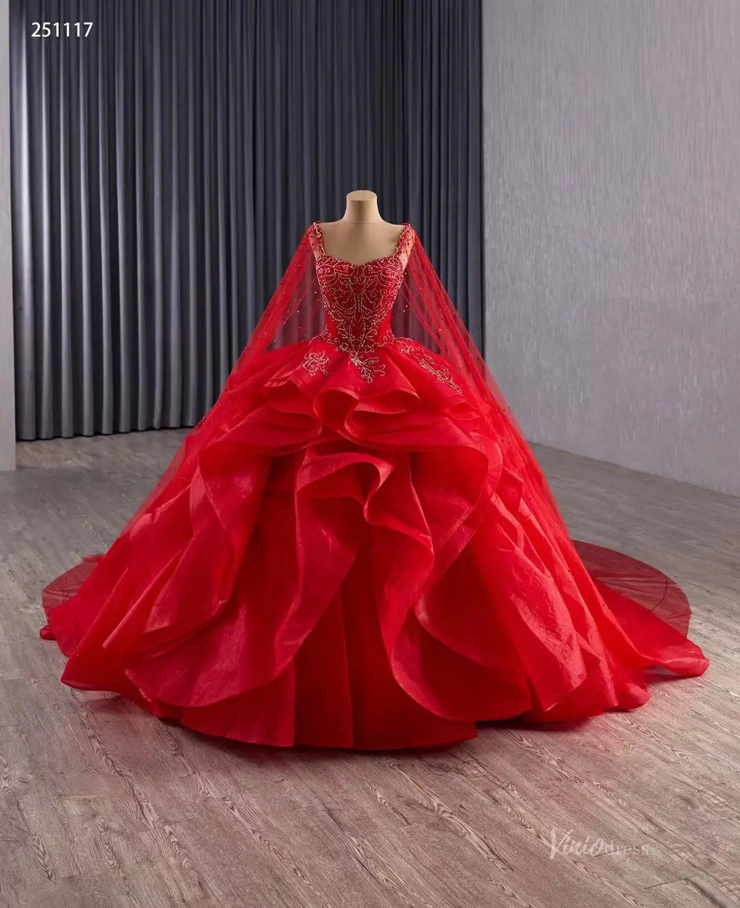 2-in-1 Red Layered Quinceañera Dress with Beaded Cape & Basque Waist | Sweet 16 Ball Gown 251117-Quinceanera Dresses 2026-Viniodress-Red-Custom Size-