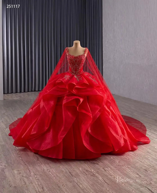 2-in-1 Red Layered Quinceañera Dress with Beaded Cape & Basque Waist | Sweet 16 Ball Gown 251117-Quinceanera Dresses 2026-Viniodress-Red-Custom Size-