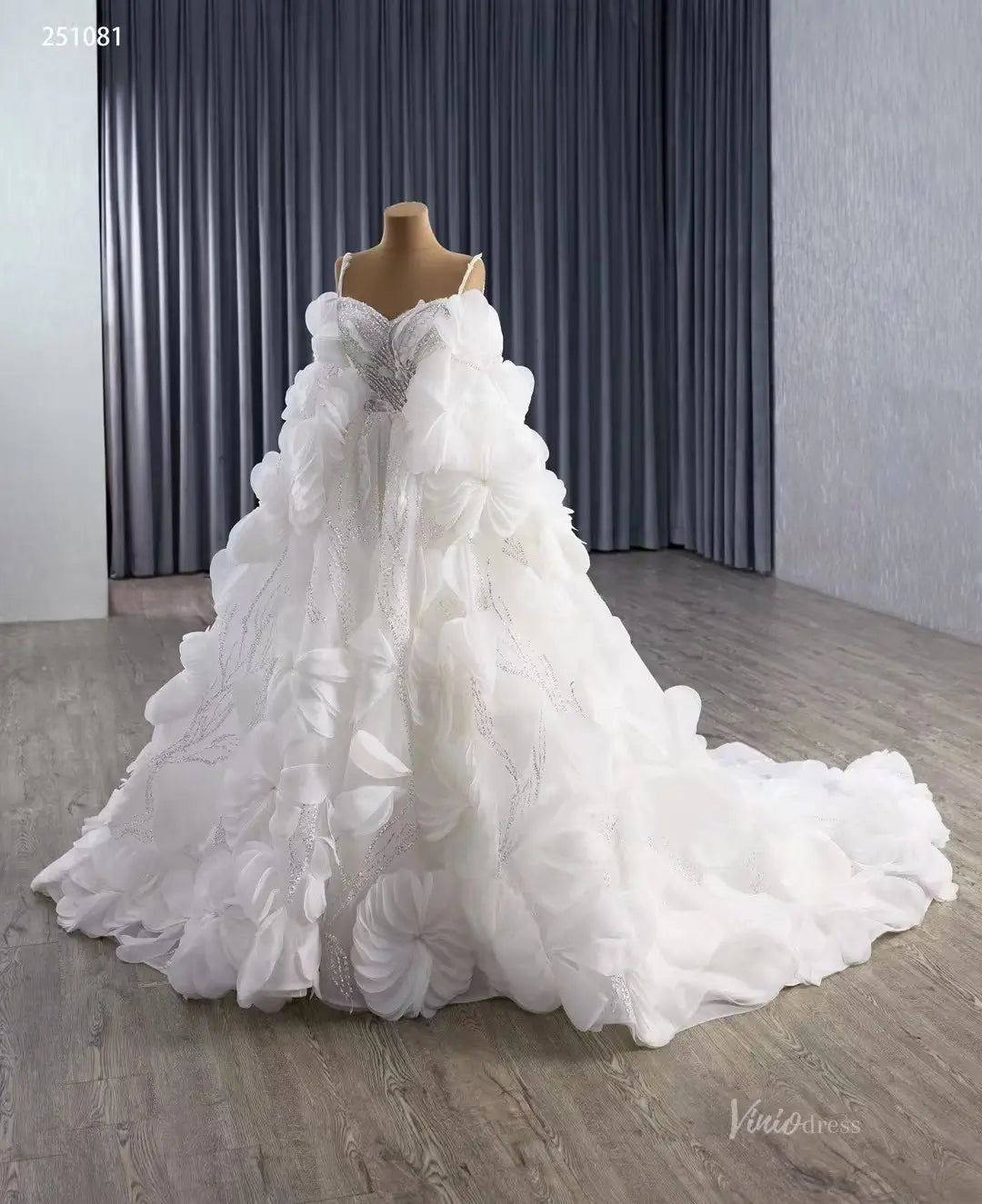 2-in-1 Ruffle Flower Wedding Dresses with Long Sleeves, Sparkly Lace Ball Gown 251081-wedding dresses 2026-Viniodress-Ivory-Custom Size-