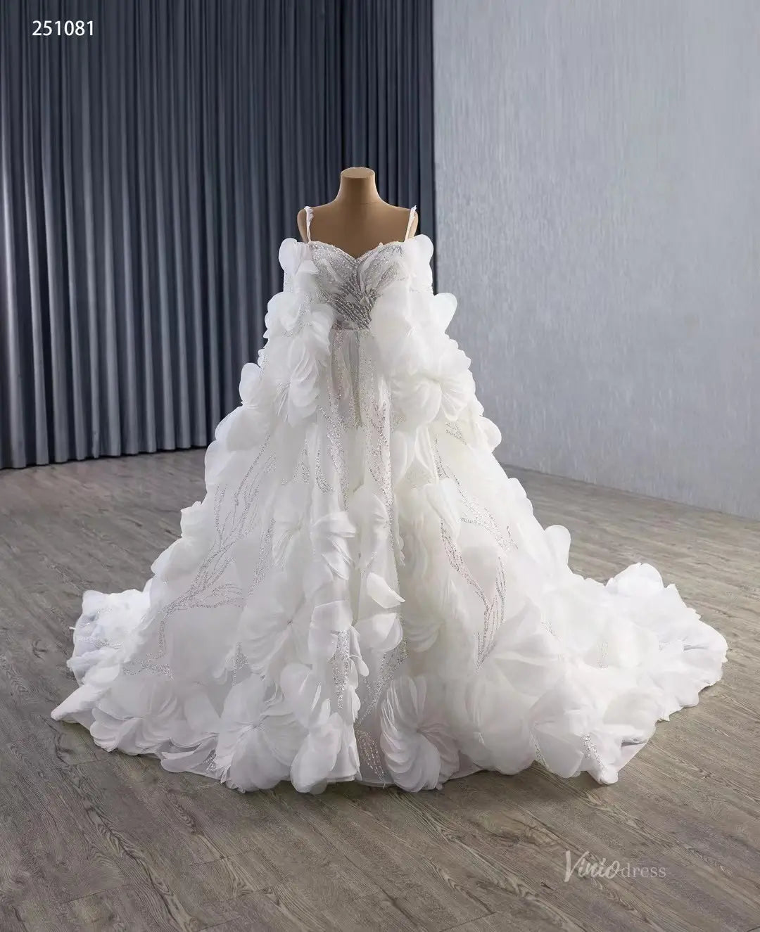 2-in-1 Ruffle Flower Wedding Dresses with Long Sleeves, Sparkly Lace Ball Gown 251081-wedding dresses 2026-Viniodress-Ivory-Custom Size-