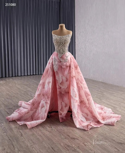 2-in-1 Strapless Pink Beaded Pageant Dress | Rhinestone Sheath Gown with Slit, Basque Waist & Detachable Overskirt 251080-Pageant Dress 2025 -Viniodress-Pink-Custom Size-