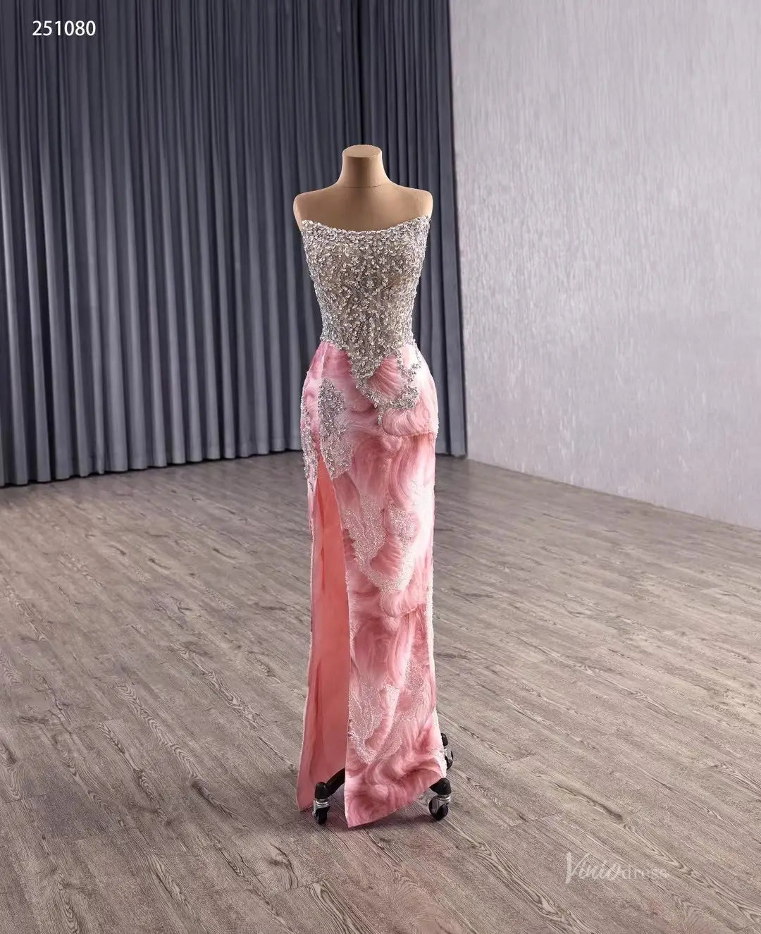 2-in-1 Strapless Pink Beaded Pageant Dress | Rhinestone Sheath Gown with Slit, Basque Waist & Detachable Overskirt 251080-Pageant Dress 2025 -Viniodress-Pink-Custom Size-