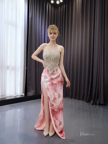2-in-1 Strapless Pink Beaded Pageant Dress | Rhinestone Sheath Gown with Slit, Basque Waist & Detachable Overskirt 251080-Pageant Dress 2025 -Viniodress-Pink-Custom Size-