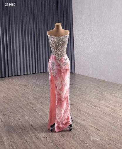 2-in-1 Strapless Pink Beaded Pageant Dress | Rhinestone Sheath Gown with Slit, Basque Waist & Detachable Overskirt 251080-Pageant Dress 2025 -Viniodress-Pink-Custom Size-