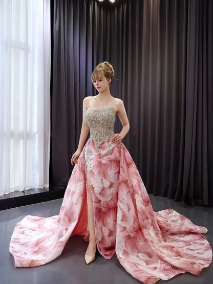 2-in-1 Strapless Pink Beaded Pageant Dress | Rhinestone Sheath Gown with Slit, Basque Waist & Detachable Overskirt 251080-Pageant Dress 2025 -Viniodress-Pink-Custom Size-