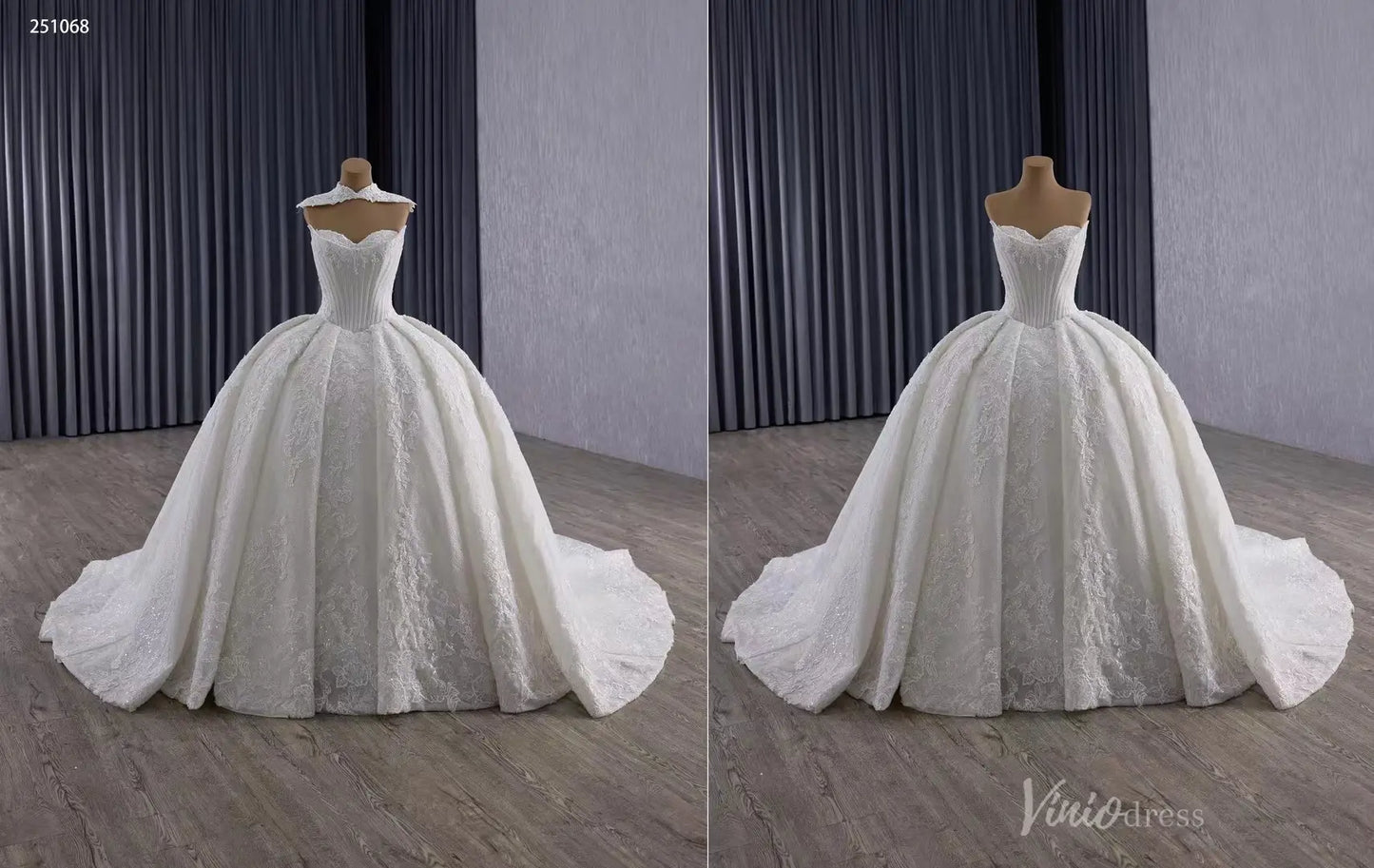2-in-1 Vintage Lace Wedding Dress | Strapless Basque Waist Ball Gown with Detachable Lace Neckpiece & 1m Train 251068-wedding dresses 2025 -Viniodress-Ivory-Custom Size-