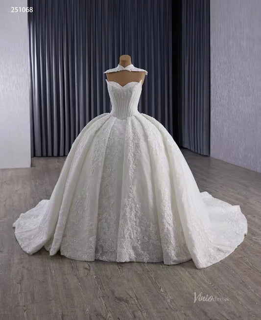 2-in-1 Vintage Lace Wedding Dress | Strapless Basque Waist Ball Gown with Detachable Lace Neckpiece & 1m Train 251068-wedding dresses 2025 -Viniodress-Ivory-Custom Size-