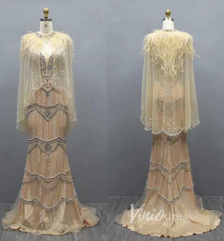 2 Piece Beaded Prom Dresses Vintage 20s Formal Party Dress FD2475-Evening Dresses 2025 -Viniodress-Gold-US 2-