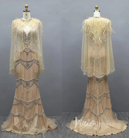 2 Piece Beaded Prom Dresses Vintage 20s Formal Party Dress FD2475-Evening Dresses 2025 -Viniodress-Gold-US 2-