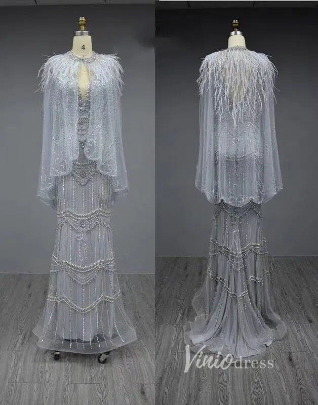 2 Piece Beaded Prom Dresses Vintage 20s Formal Party Dress FD2475-Evening Dresses 2025 -Viniodress-Grey-US 2-