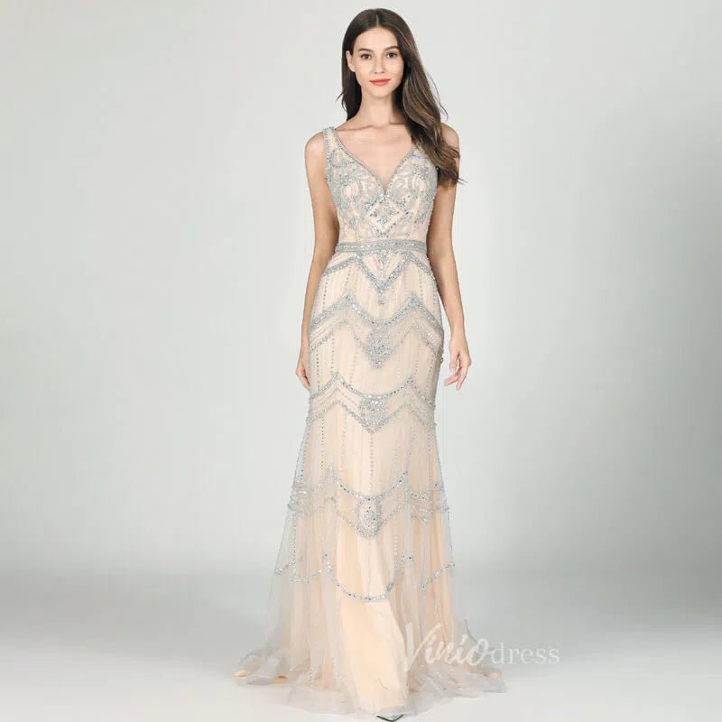 2 Piece Beaded Prom Dresses Vintage 20s Formal Party Dress FD2475-Evening Dresses 2025 -Viniodress-Taupe-US 2-