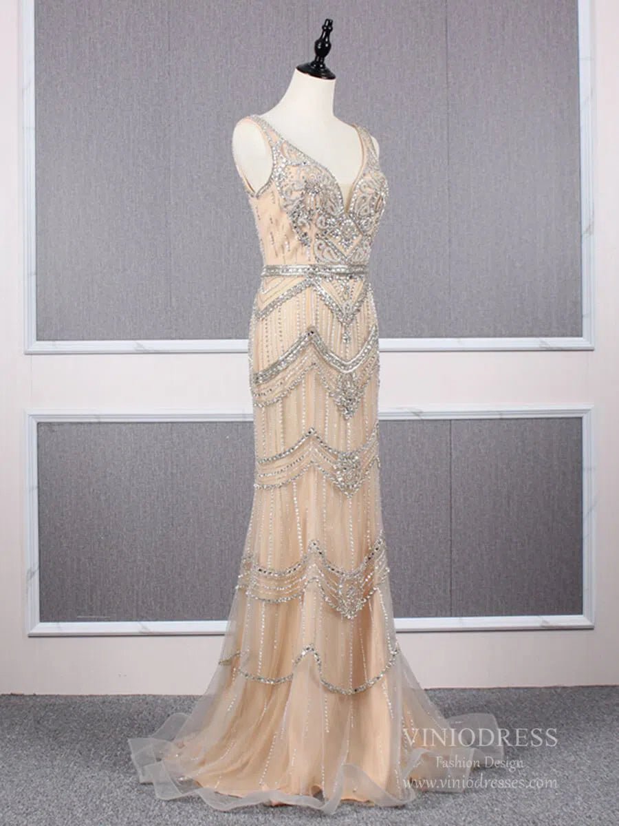 2 Piece Beaded Prom Dresses Vintage 20s Formal Party Dress FD2475-Evening Dresses 2025 -Viniodress-Taupe-US 2-