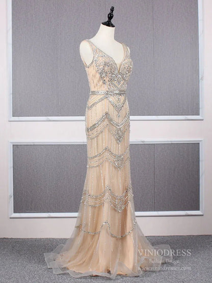 2 Piece Beaded Prom Dresses Vintage 20s Formal Party Dress FD2475-Evening Dresses 2025 -Viniodress-Taupe-US 2-