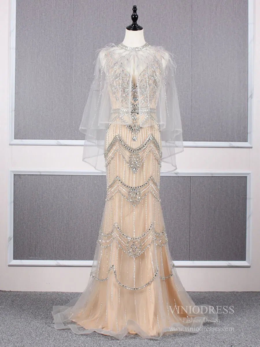 2 Piece Beaded Prom Dresses Vintage 20s Formal Party Dress FD2475-Evening Dresses 2025 -Viniodress-Taupe-US 2-