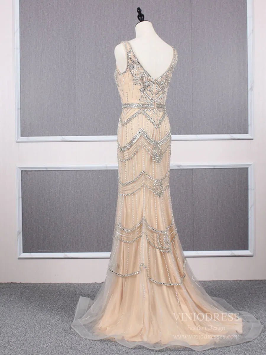 2 Piece Beaded Prom Dresses Vintage 20s Formal Party Dress FD2475-Evening Dresses 2025 -Viniodress-Taupe-US 2-