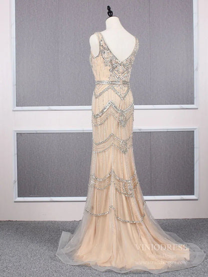 2 Piece Beaded Prom Dresses Vintage 20s Formal Party Dress FD2475-Evening Dresses 2025 -Viniodress-Taupe-US 2-