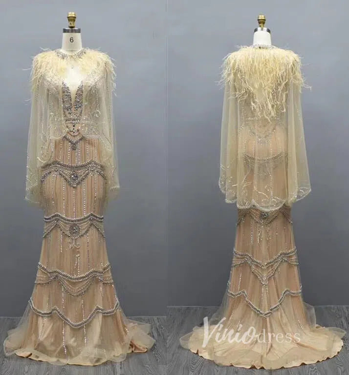 2 Piece Beaded Prom Dresses Vintage 20s Formal Party Dress FD2475-prom dresses-Viniodress-Gold-US 2-Viniodress