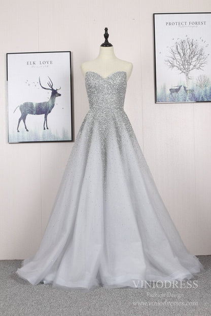 2 Piece Beaded Silver Prom Dresses with Detachable Cape FD2493-Evening Dresses 2025 -Viniodress-Silver-US 2-