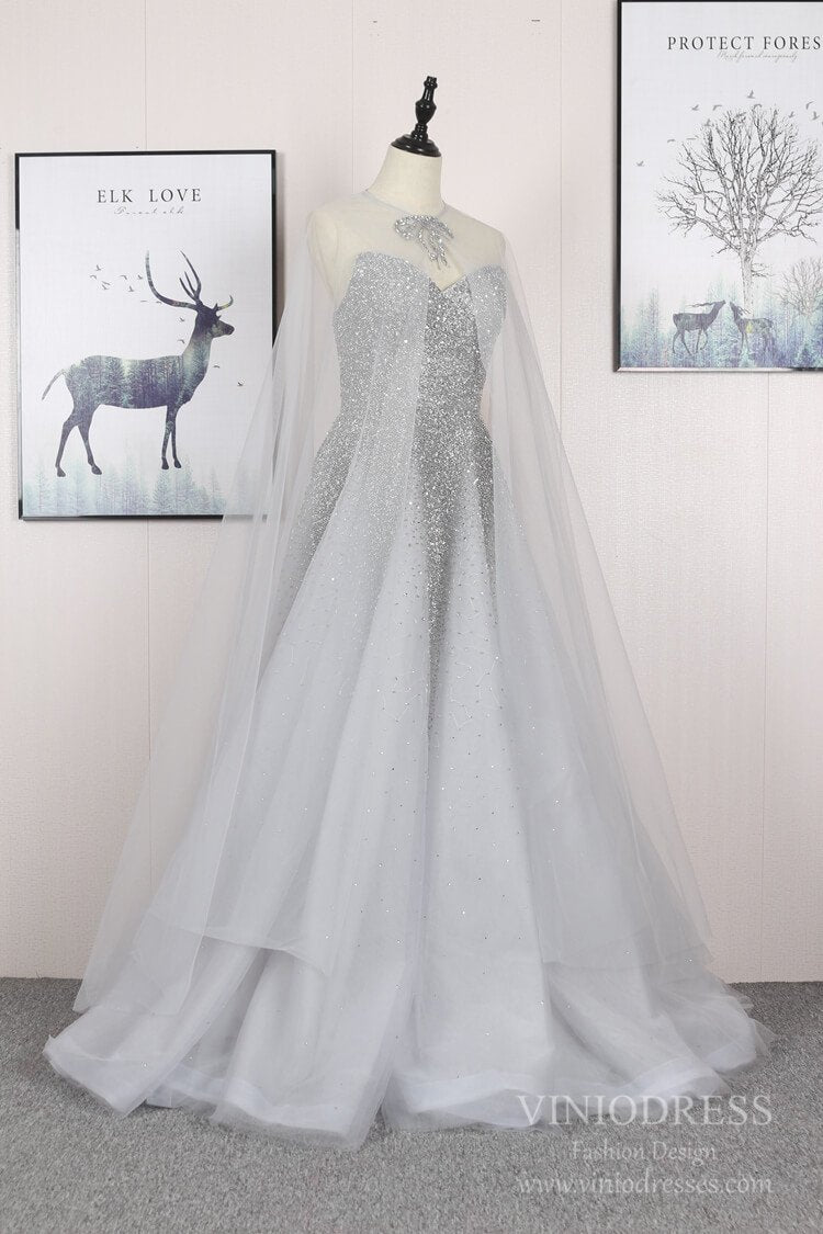 2 Piece Beaded Silver Prom Dresses with Detachable Cape FD2493-Evening Dresses 2025 -Viniodress-Silver-US 2-