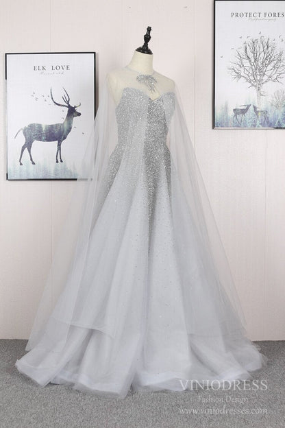 2 Piece Beaded Silver Prom Dresses with Detachable Cape FD2493-Evening Dresses 2025 -Viniodress-Silver-US 2-