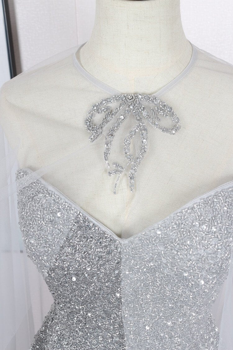 2 Piece Beaded Silver Prom Dresses with Detachable Cape FD2493-Evening Dresses 2025 -Viniodress-Silver-US 2-