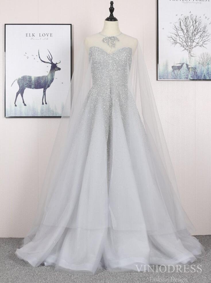 2 Piece Beaded Silver Prom Dresses with Detachable Cape FD2493-Evening Dresses 2025 -Viniodress-Silver-US 2-