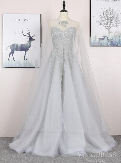 2 Piece Beaded Silver Prom Dresses with Detachable Cape FD2493-Evening Dresses 2025 -Viniodress-Silver-US 2-