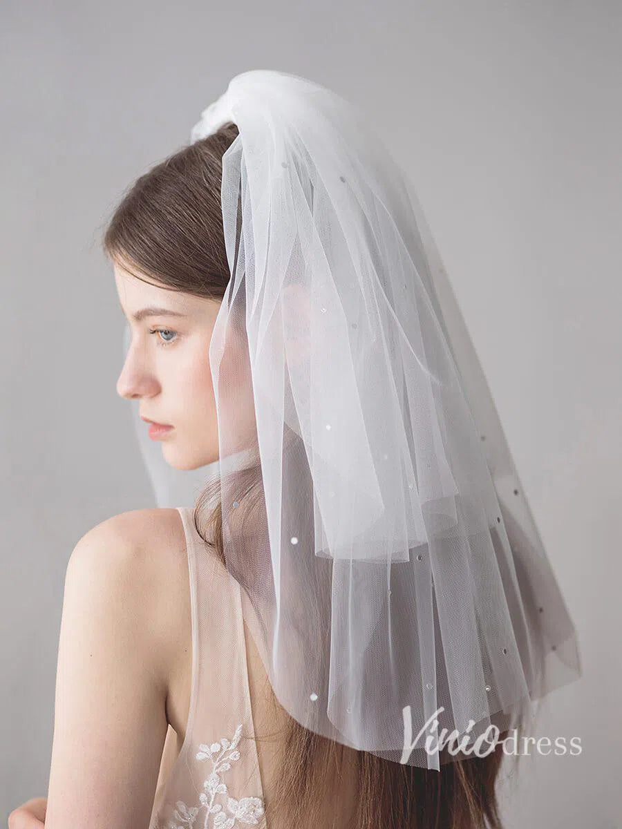 2 Tier Blusher Veil Shoulder Length Wedding Veils with Crystals AC1212-Bridal Veil 2025 -Viniodress-Ivory-