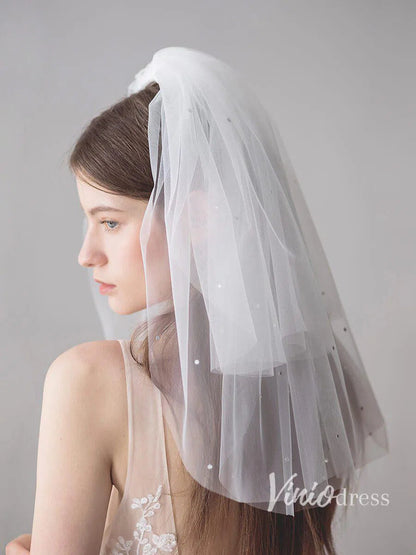 2 Tier Blusher Veil Shoulder Length Wedding Veils with Crystals AC1212-Bridal Veil 2025 -Viniodress-Ivory-