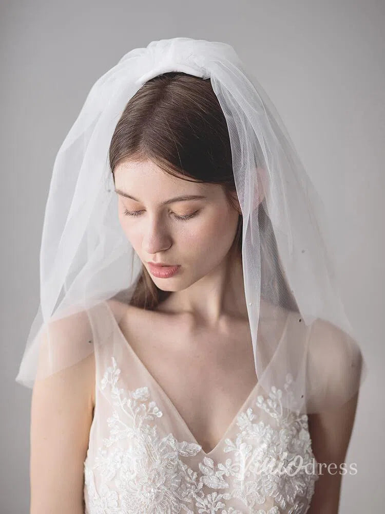 2 Tier Blusher Veil Shoulder Length Wedding Veils with Crystals AC1212-Bridal Veil 2025 -Viniodress-Ivory-