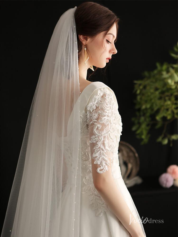 2 Tiers Tulle Bridal Veils with Pearls Viniodress AC1306-Bridal Veil 2025 -Viniodress-Ivory-
