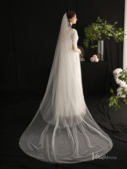 2 Tiers Tulle Bridal Veils with Pearls Viniodress AC1306-Bridal Veil 2025 -Viniodress-Ivory-